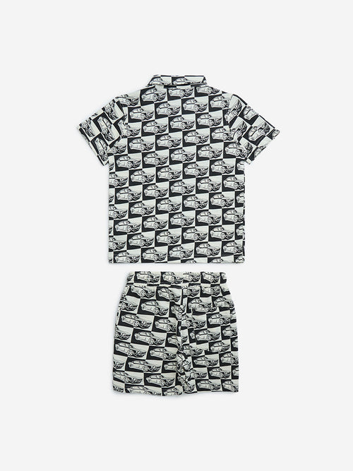 HOP Kids Black Car Printed Cotton Shirt and Shorts Set