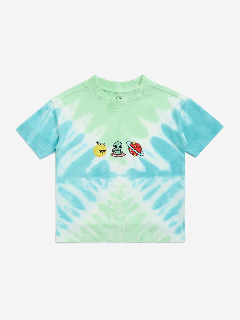 HOP Kids Green Tie-Dye Printed Cotton T-Shirt