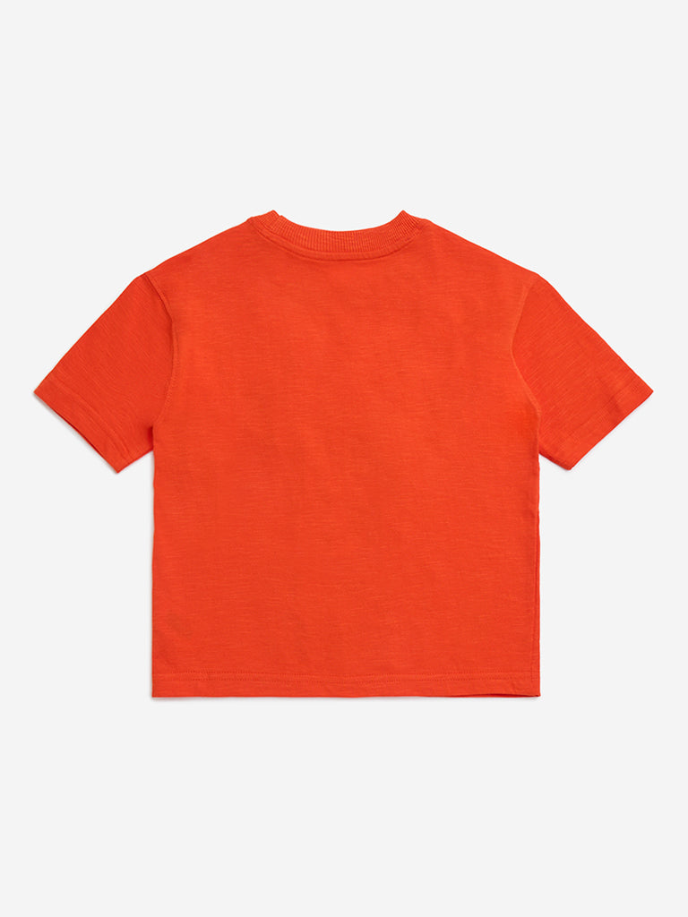 HOP Kids Orange Robot Embossed Cotton T-Shirt