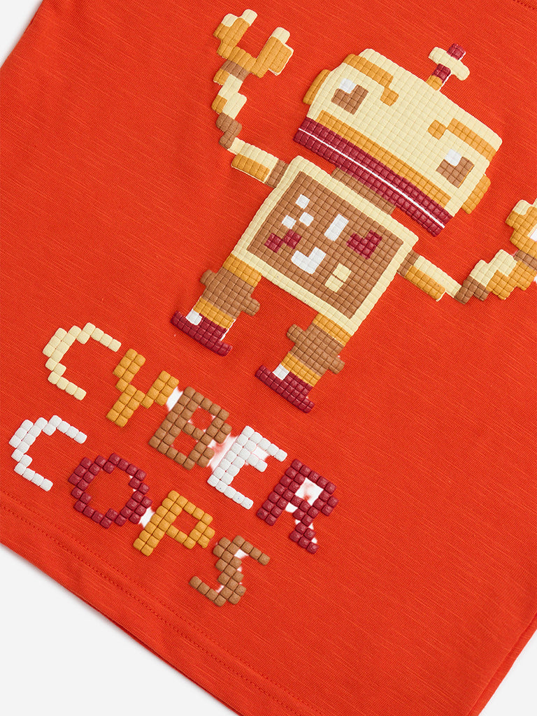 HOP Kids Orange Robot Embossed Cotton T-Shirt