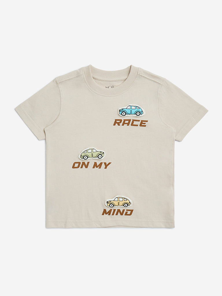 HOP Kids Beige Car Printed Cotton T-Shirt