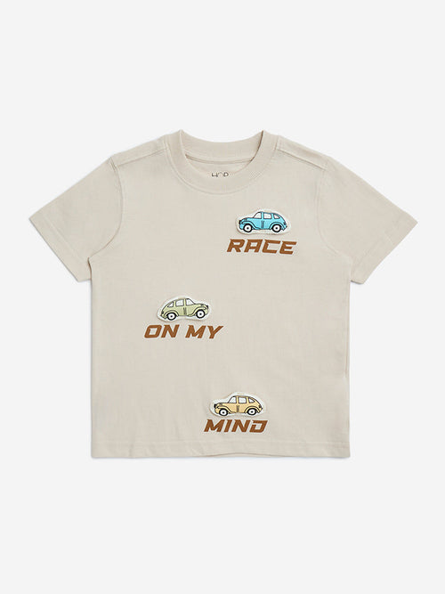 HOP Kids Beige Car Printed Cotton T-Shirt