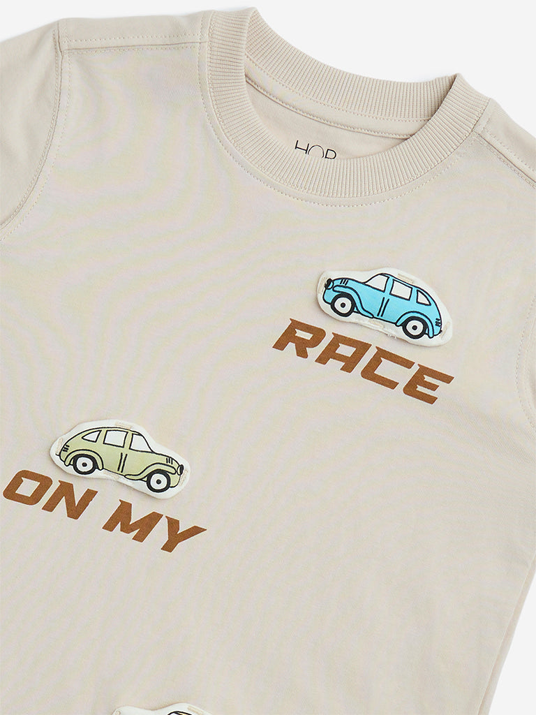 HOP Kids Beige Car Printed Cotton T-Shirt