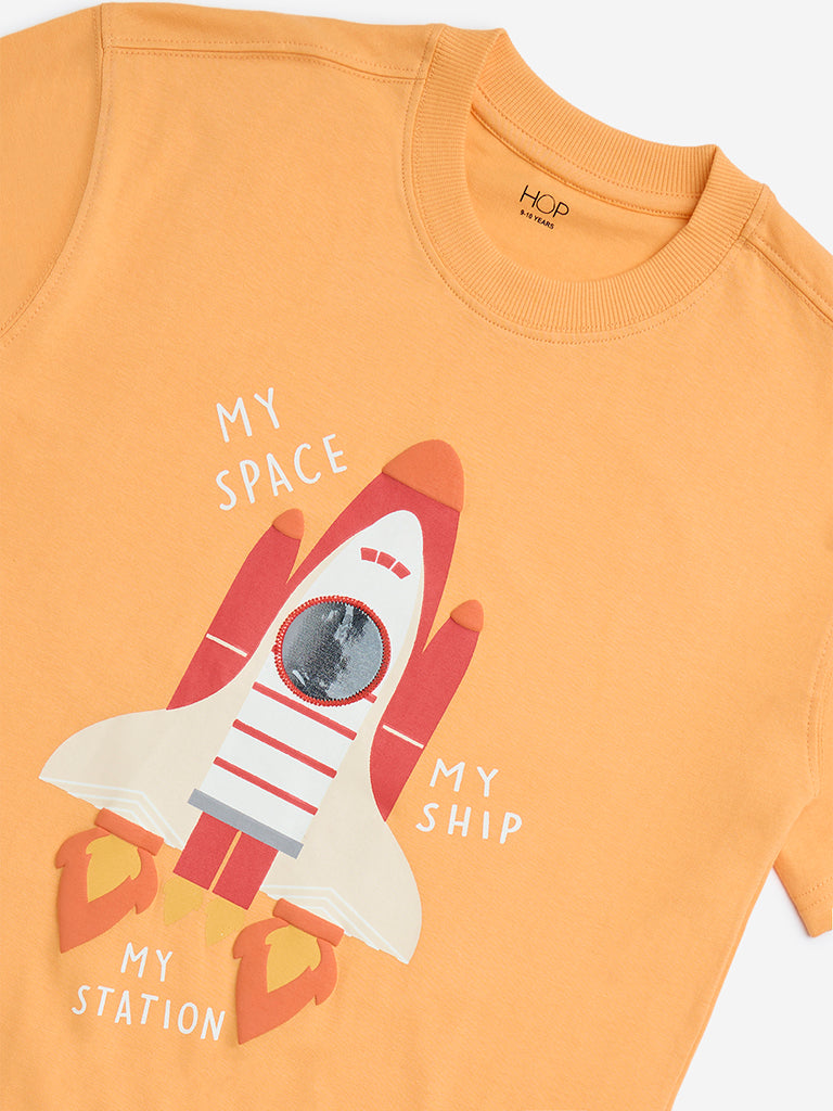 HOP Kids Orange Graphic Printed Cotton T-Shirt