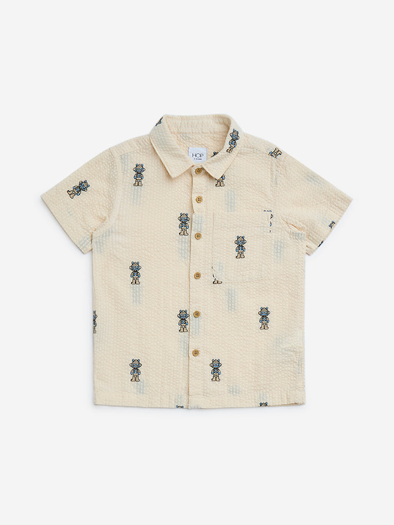 HOP Kids Beige Seersucker Cotton-Blend Shirt