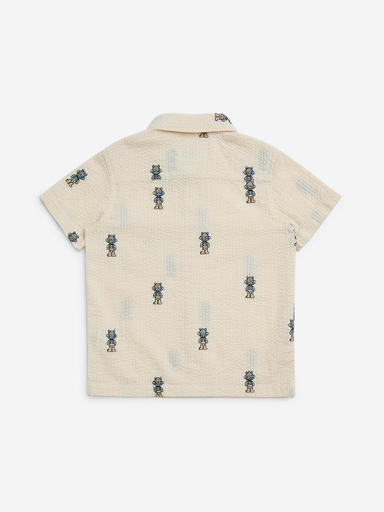 HOP Kids Beige Seersucker Cotton-Blend Shirt