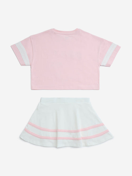 HOP Kids Light Pink Printed Cotton T-Shirt and Skirt Set