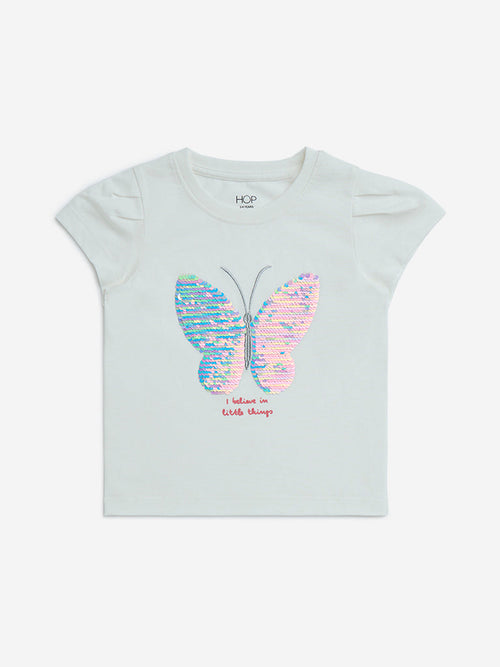HOP Kids White Butterfly Sequin Detailed Cotton Top
