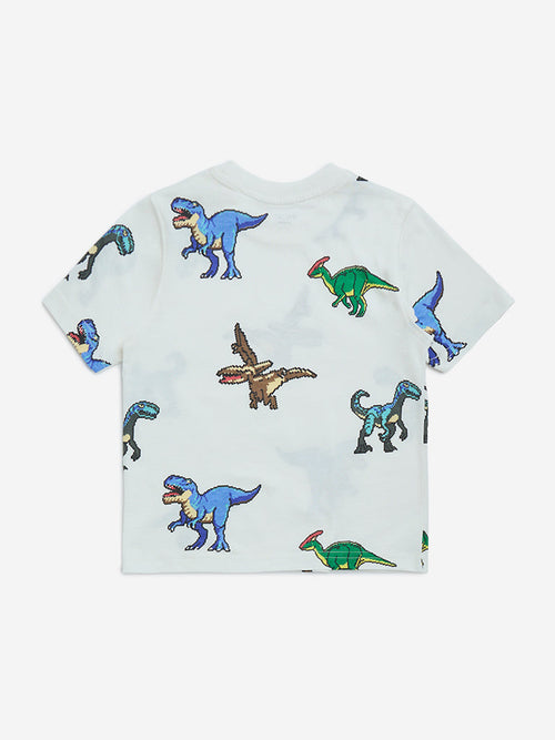 HOP Kids White Dinosaur Printed Cotton T-Shirt