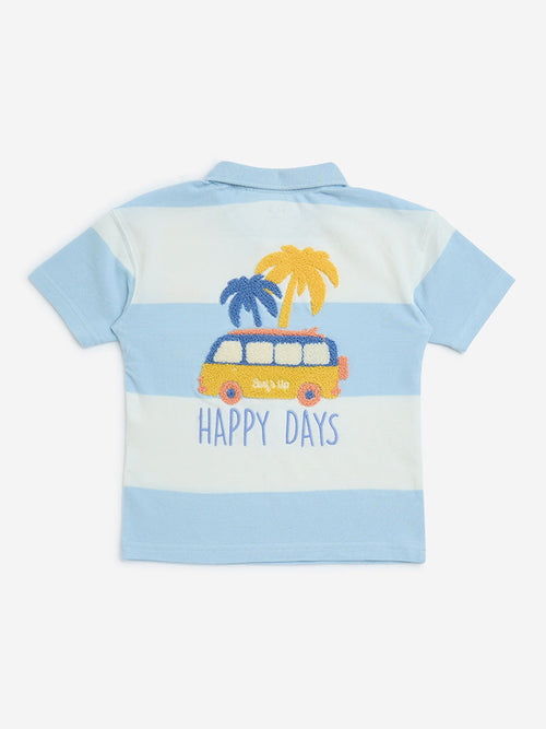 HOP Kids Light Blue Striped Cotton Polo T-Shirt