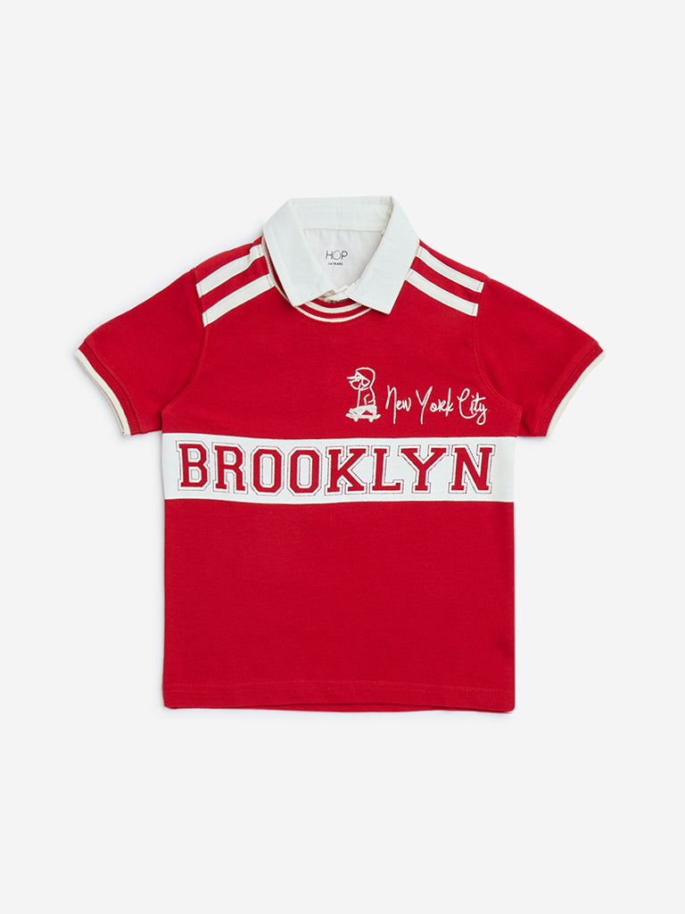 HOP Kids Red Text Design Cotton Polo T-Shirt