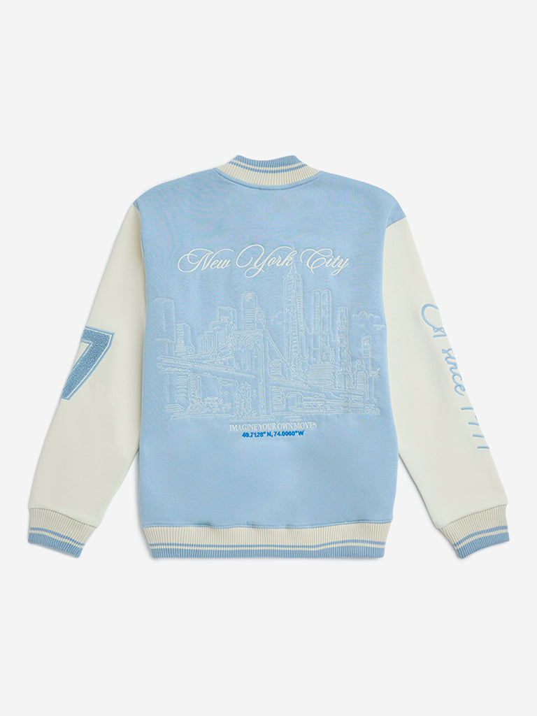 Y&F Kids Light Blue Text Design Cotton-Blend Varsity Jacket