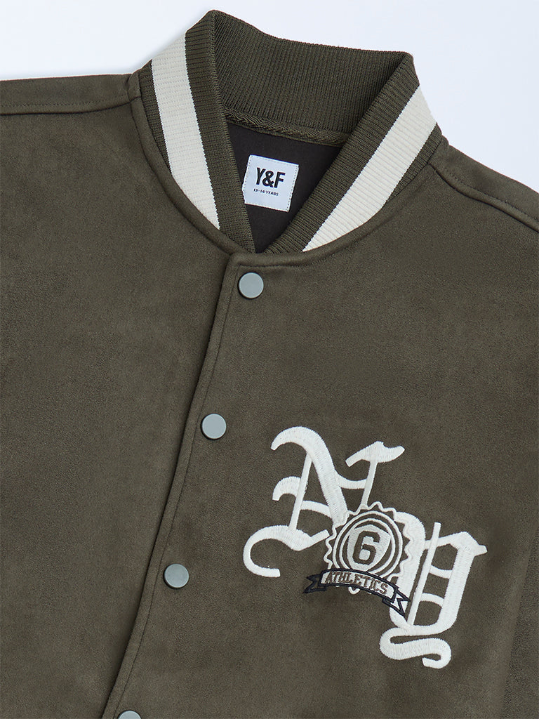 Y&F Kids Olive Text Detailed Suede Jacket