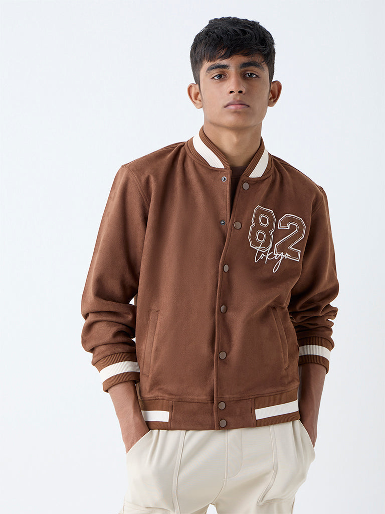 Y&F Kids Dark Brown Text Detailed Varsity Jacket