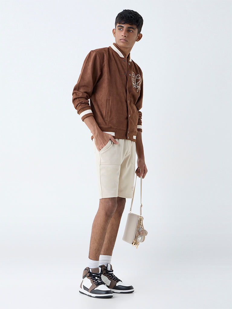 Y&F Kids Dark Brown Text Detailed Varsity Jacket