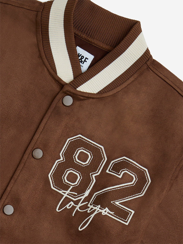 Y&F Kids Dark Brown Text Detailed Varsity Jacket