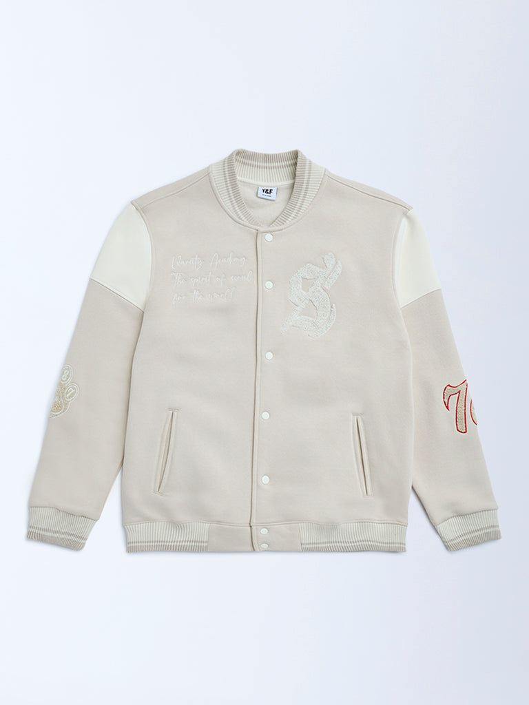 Y&F Kids Beige Animal Printed Cotton-Blend Varsity Jacket