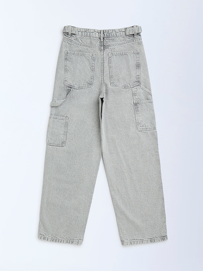 Y&F Kids Grey Faded Straight-Fit Mid-Rise Jeans