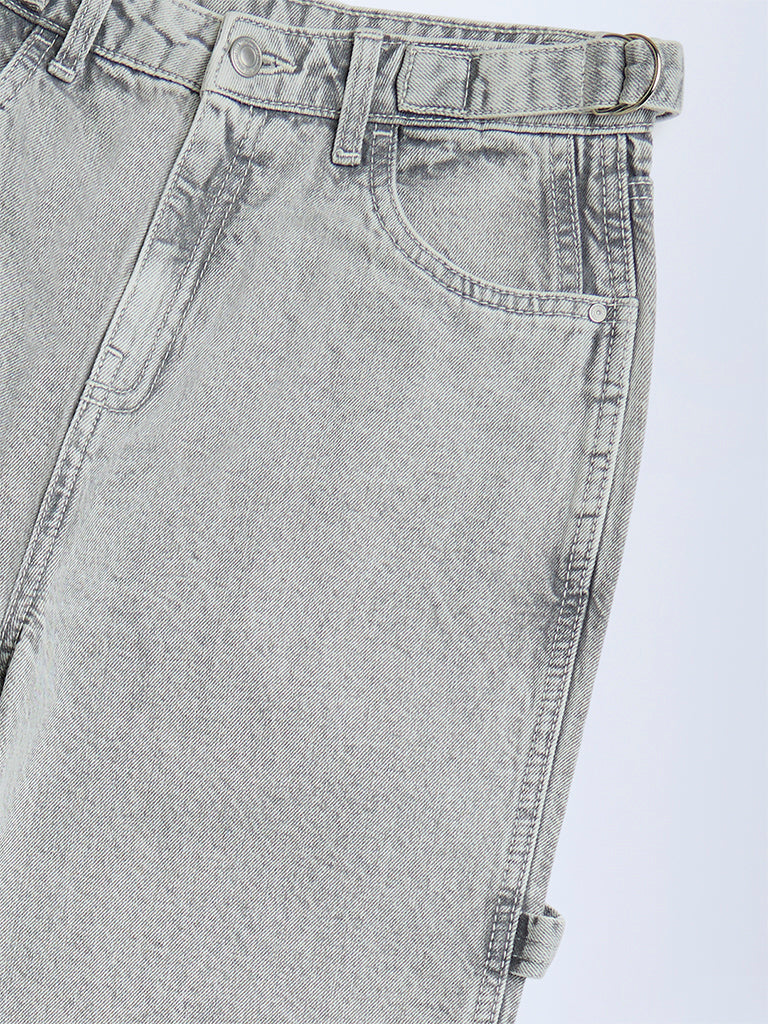 Y&F Kids Grey Faded Straight-Fit Mid-Rise Jeans