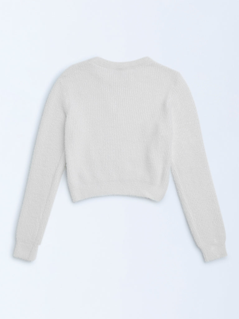 Y&F Kids White Pearl-Detailed Knitted Sweater