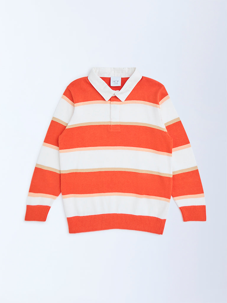 HOP Kids Orange Striped Cotton Polo Sweater