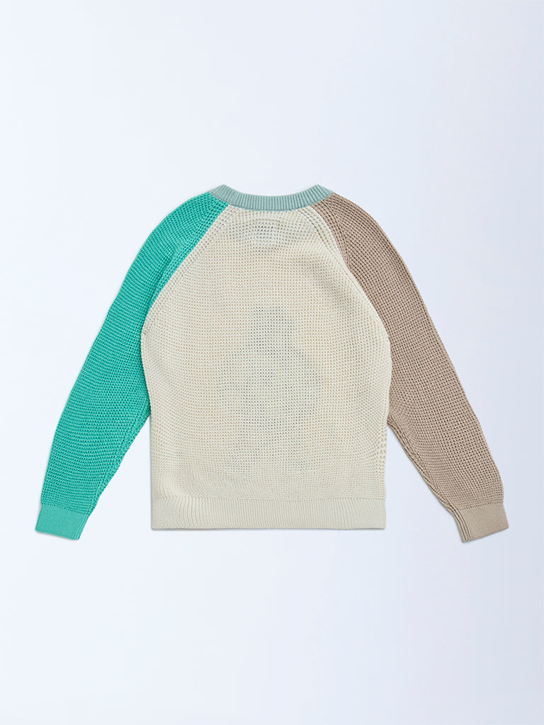 HOP Kids Multicolour Colour-Blocked Knitted Cotton Sweater
