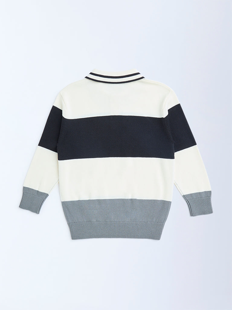 HOP Kids Black Colour-Blocked Cotton Polo Sweater
