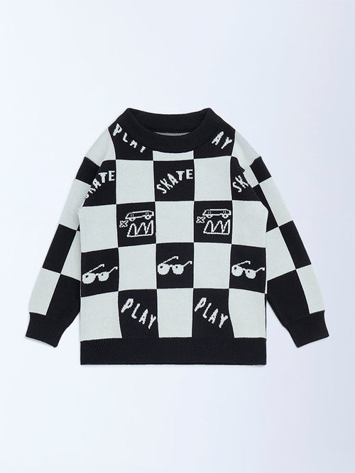 HOP Kids Black and White Knit-Textured Cotton Sweater