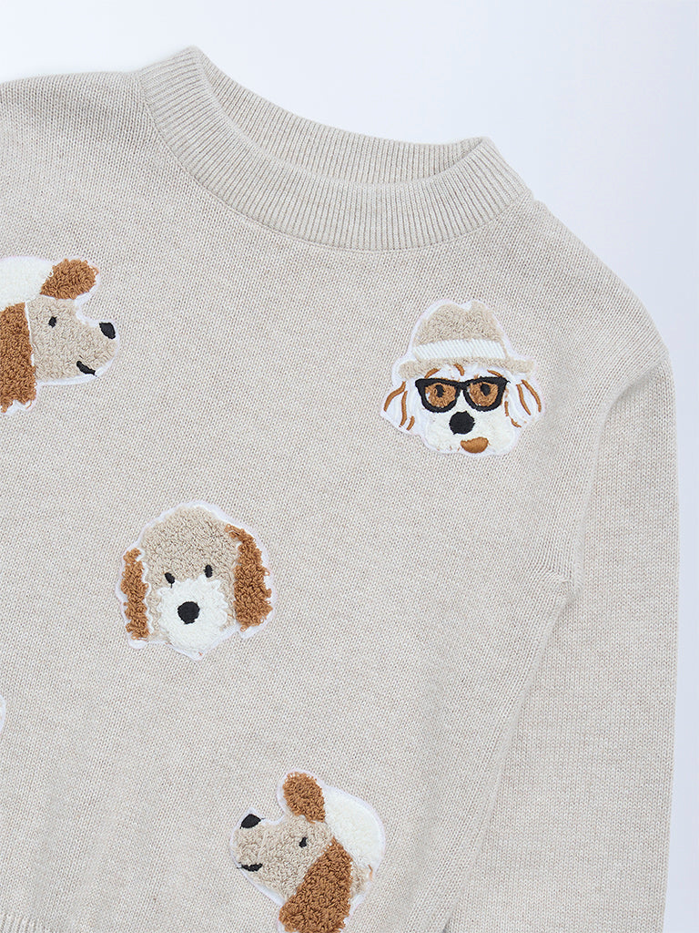 HOP Kids Beige Animal Embroidered Cotton Sweater