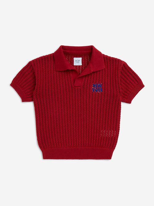 HOP Kids Red Knit-Textured Cotton T-Shirt