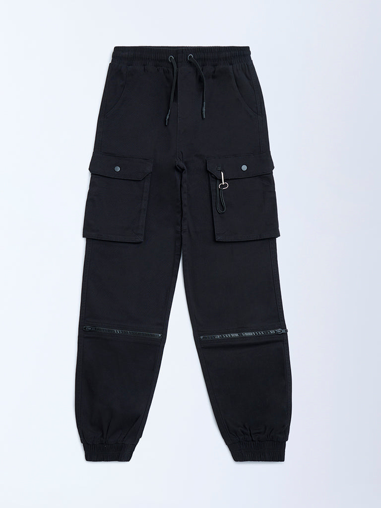 Y&F Kids Black Cargo-Style Mid-Rise Cotton-Blend Joggers