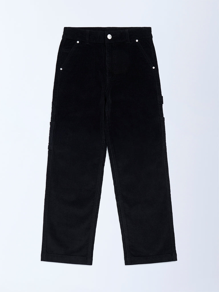 Y&F Kids Black Relaxed-Fit Mid-Rise Corduroy Trousers