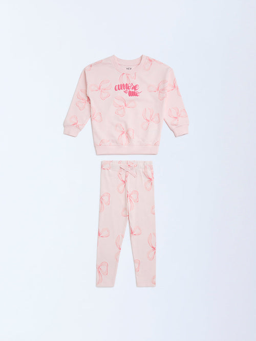 HOP Kids Pink Printed Cotton Sweatshirt and Leggings Set