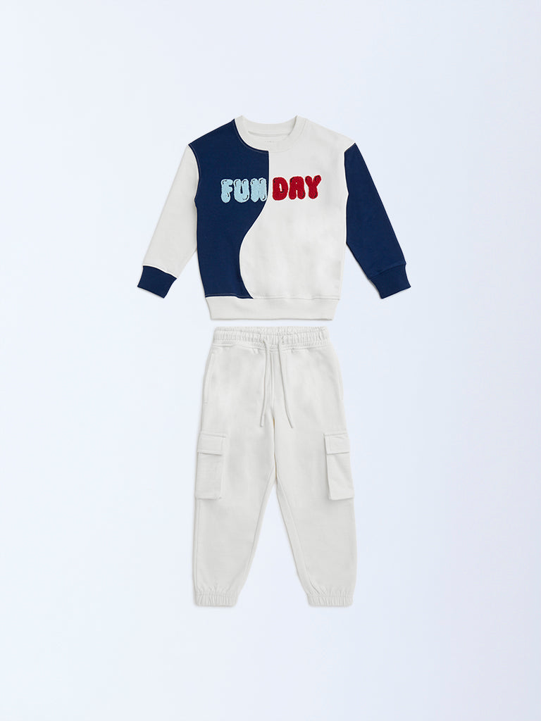 HOP Kids Off-White Text Cotton Sweatshirt and Joggers Set