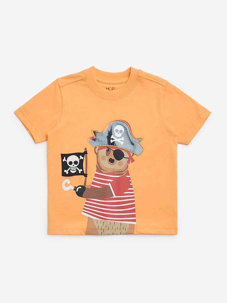 HOP Kids Orange Printed Cotton T-Shirt