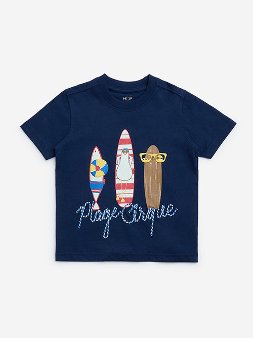 HOP Kids Navy Printed Cotton T-Shirt
