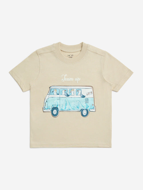 HOP Kids Beige Bus Printed Cotton T-Shirt