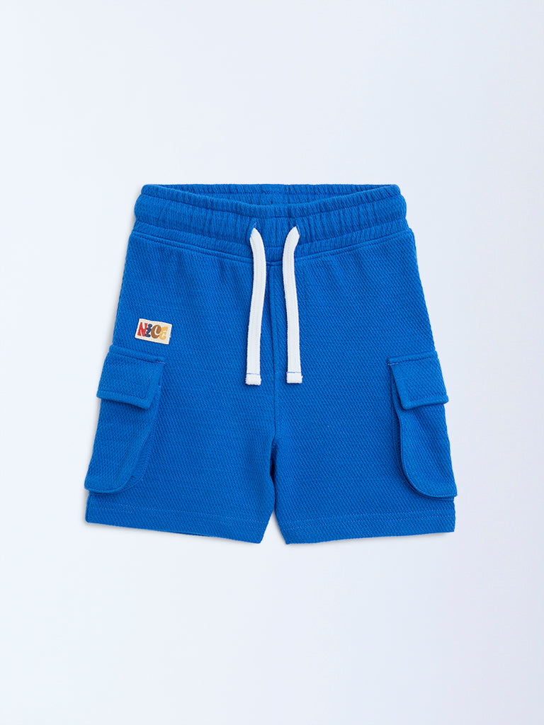 HOP Kids Blue Knitted Mid-Rise Cotton-Blend Shorts