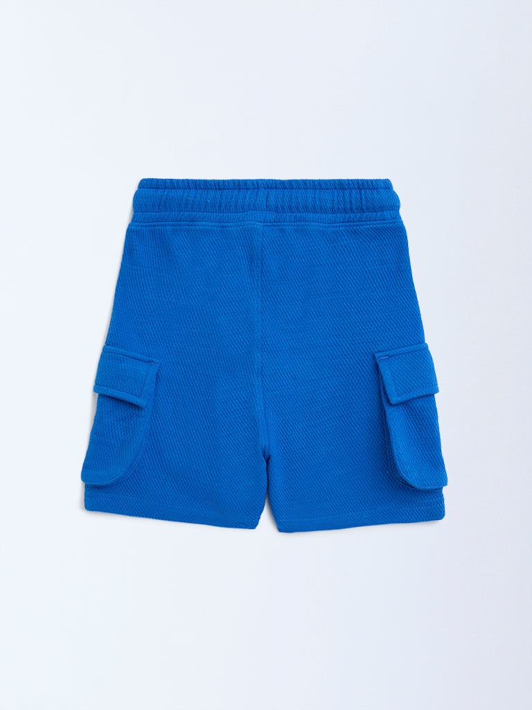 HOP Kids Blue Knitted Mid-Rise Cotton-Blend Shorts