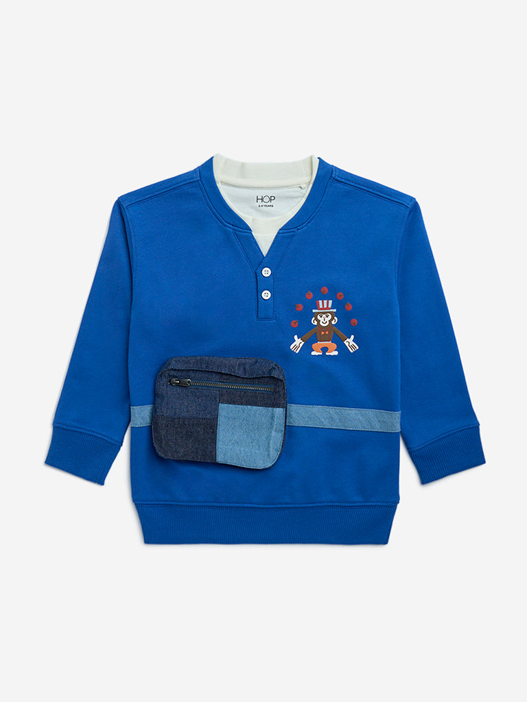 HOP Kids Blue Pouch-Detailed Cotton Sweatshirt