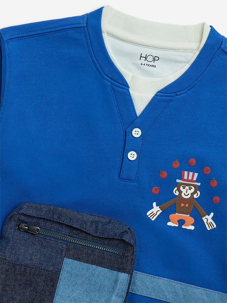 HOP Kids Blue Pouch-Detailed Cotton Sweatshirt
