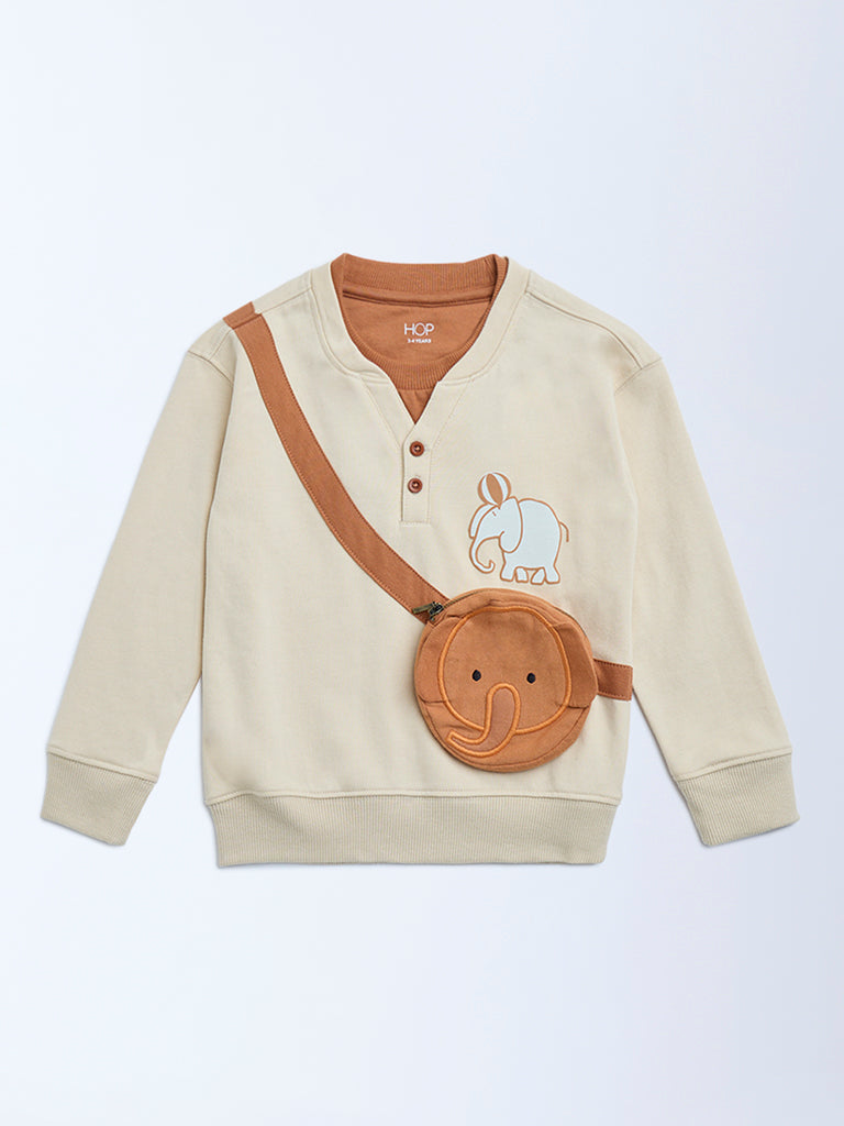 HOP Kids Beige Animal Design Cotton-Blend Sweatshirt
