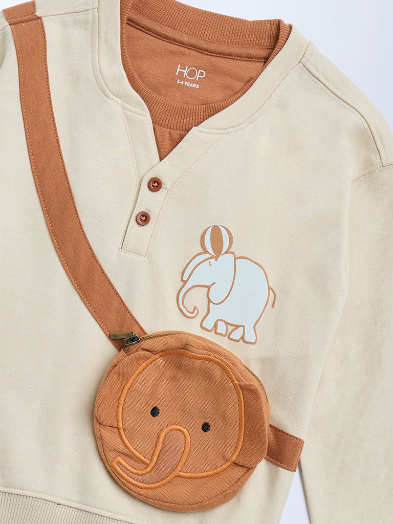 HOP Kids Beige Animal Design Cotton-Blend Sweatshirt