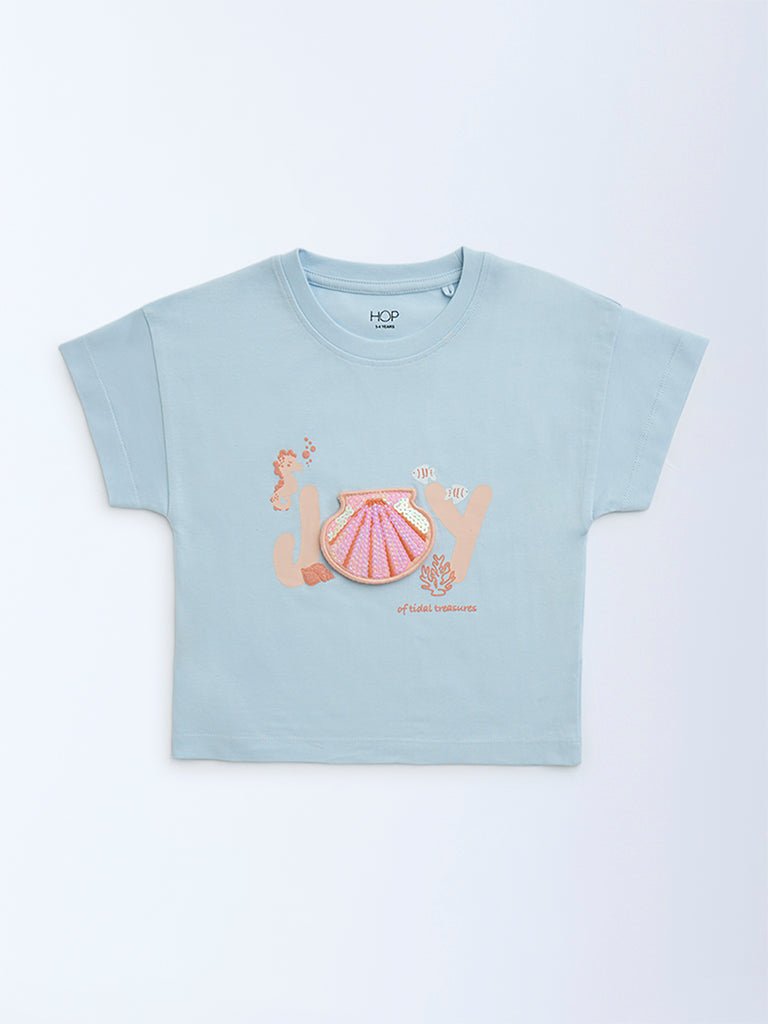 HOP Kids Light Blue Sequin Detailed Cotton T-Shirt