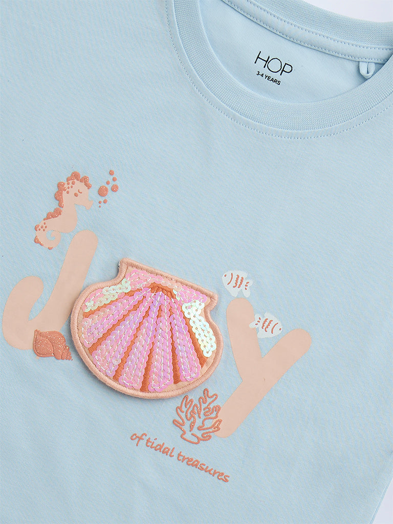 HOP Kids Light Blue Sequin Detailed Cotton T-Shirt