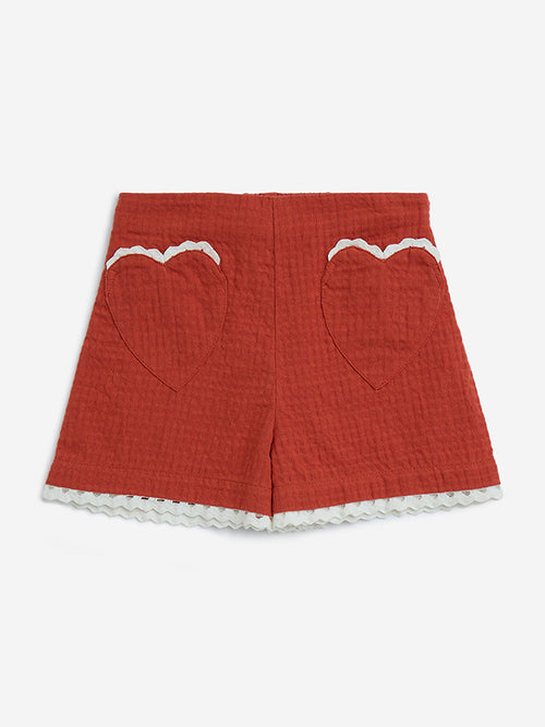 HOP Kids Rust Crinkle-Textured High-Rise Cotton Shorts