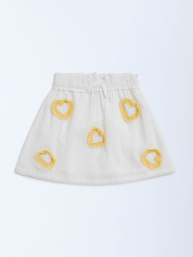HOP Kids White Heart Detailed High-Rise Cotton Skirt
