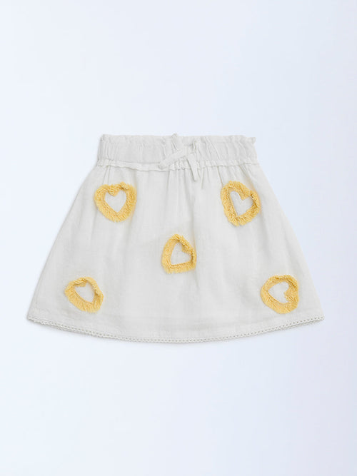 HOP Kids White Heart Detailed High-Rise Cotton Skirt