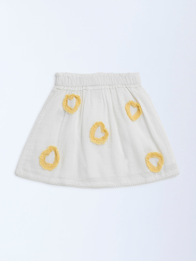 HOP Kids White Heart Detailed High-Rise Cotton Skirt