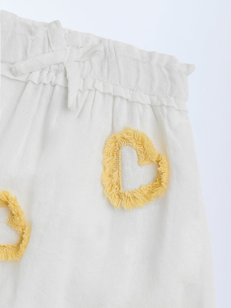 HOP Kids White Heart Detailed High-Rise Cotton Skirt